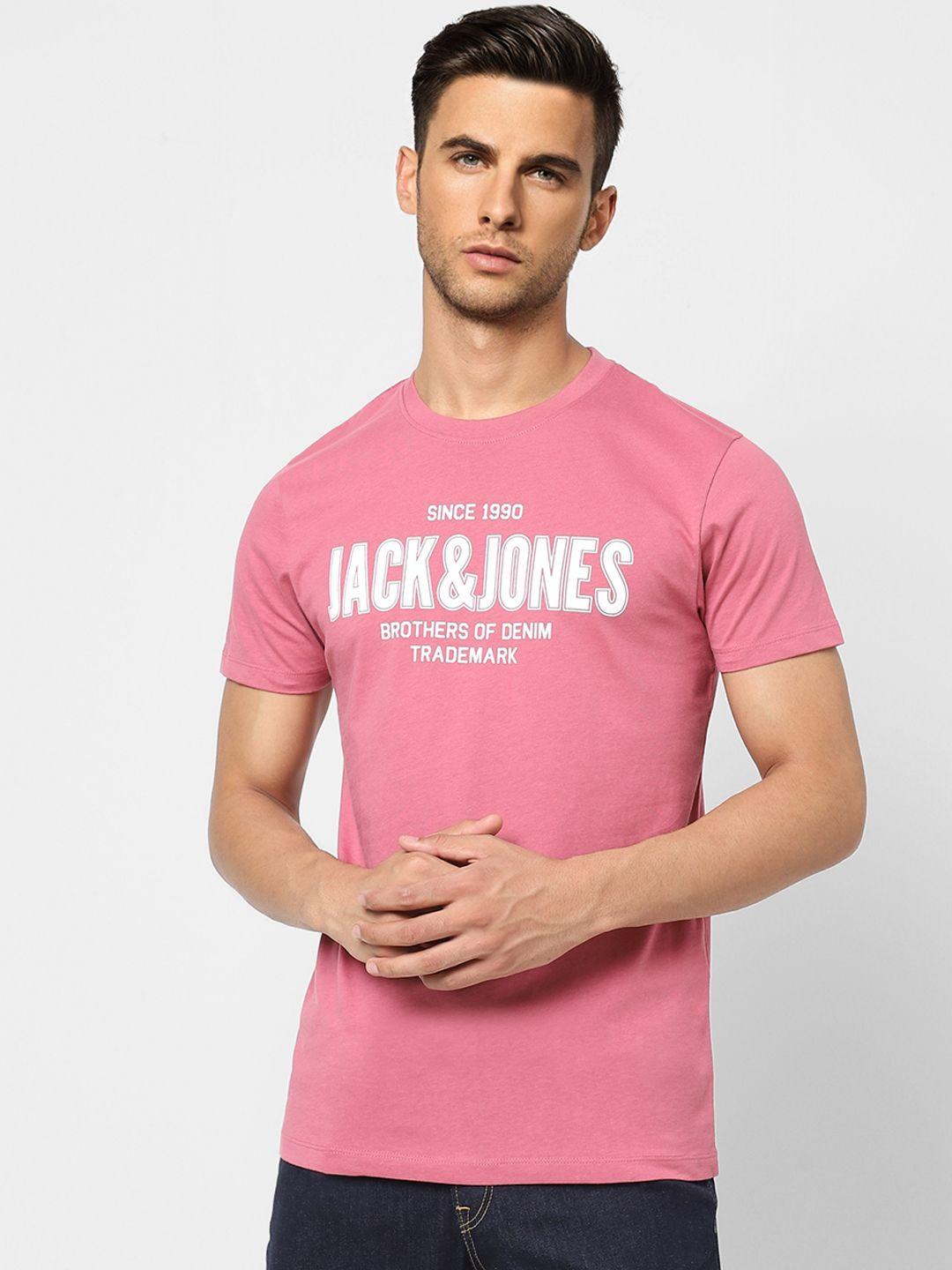 jack & jones men pink & white brand logo printed pure cotton slim fit t-shirt