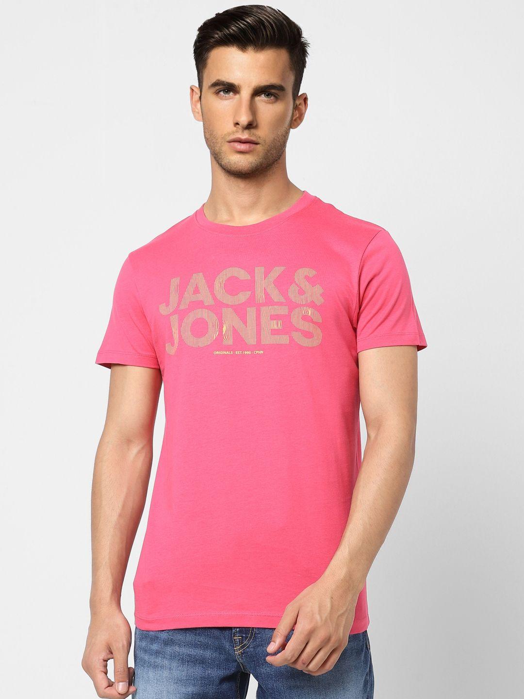 jack & jones men pink brand logo printed pure cotton slim fit t-shirt