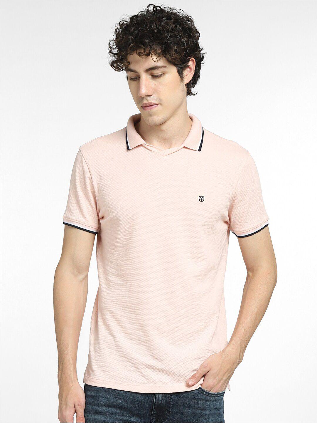 jack & jones men pink cotton polo collar slim fit t-shirt