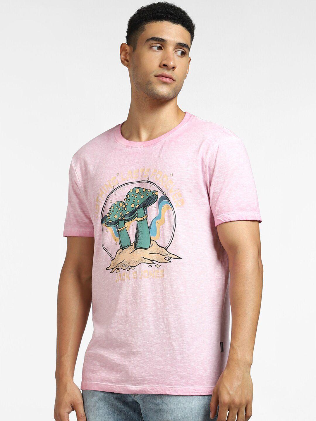 jack & jones men pink typography printed v-neck applique t-shirt