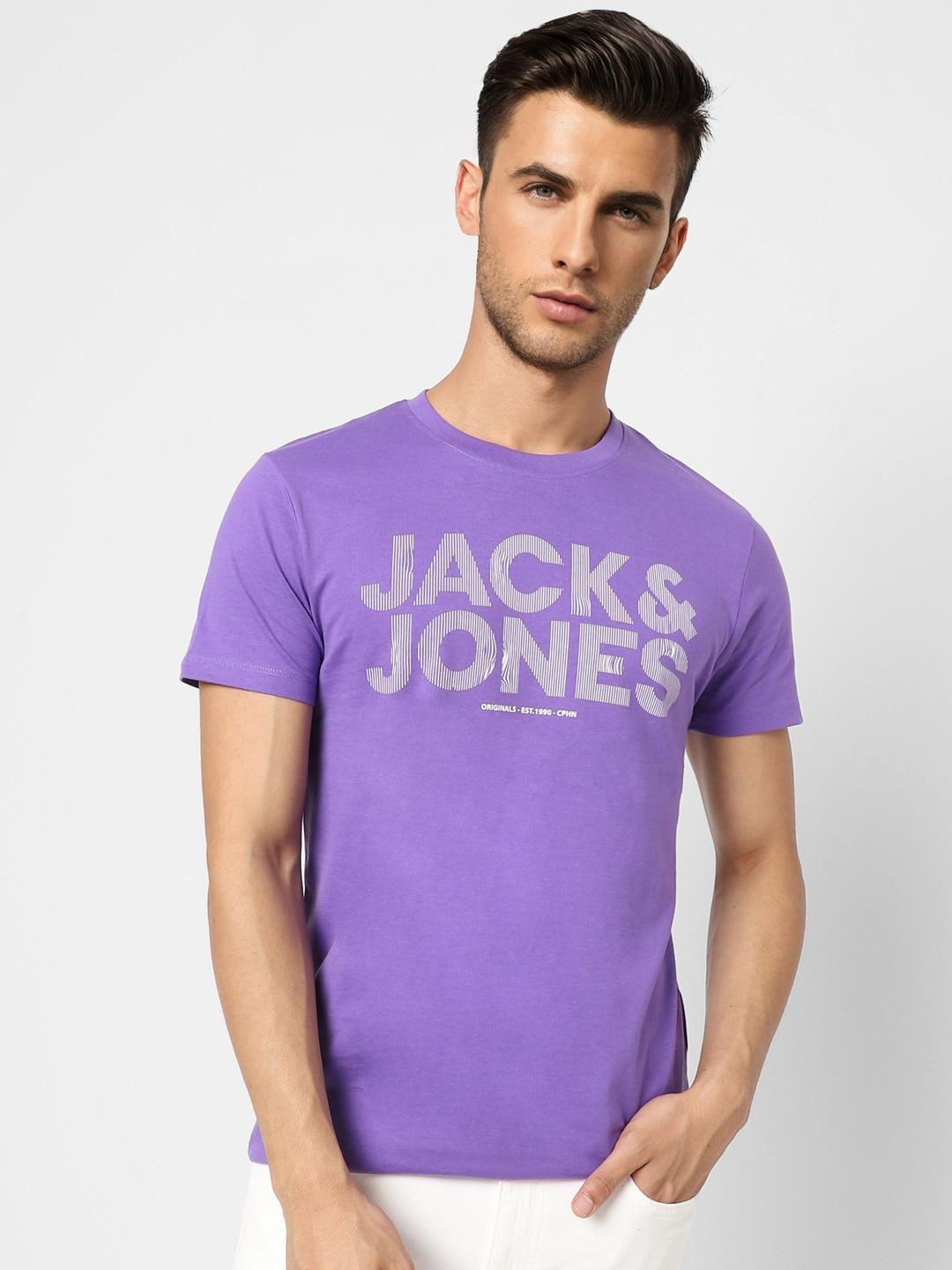 jack & jones men purple & white brand logo printed pure cotton slim fit t-shirt