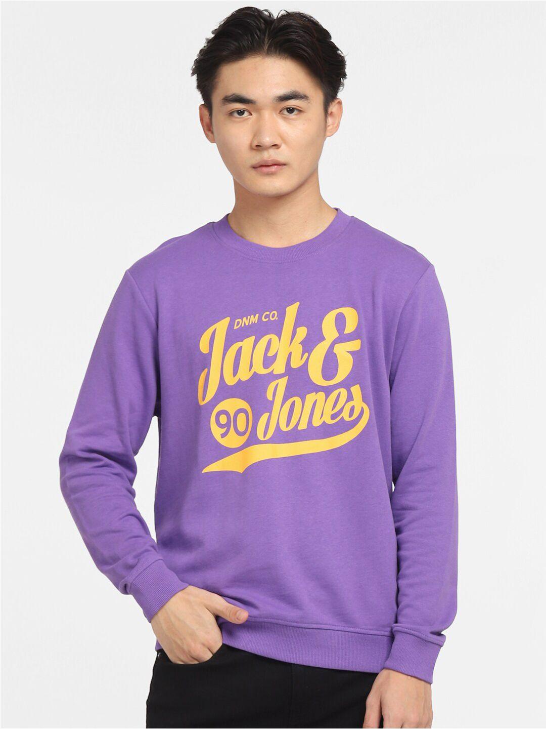 jack & jones men purple & yellow printed cotton sweatshirt