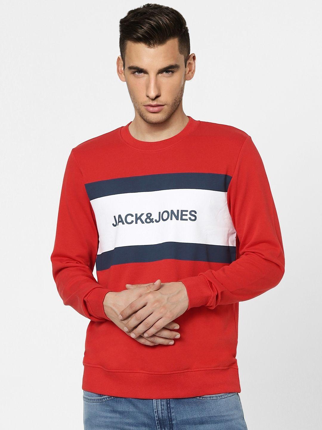 jack & jones men red colourblocked sweatshirt with printed detailing