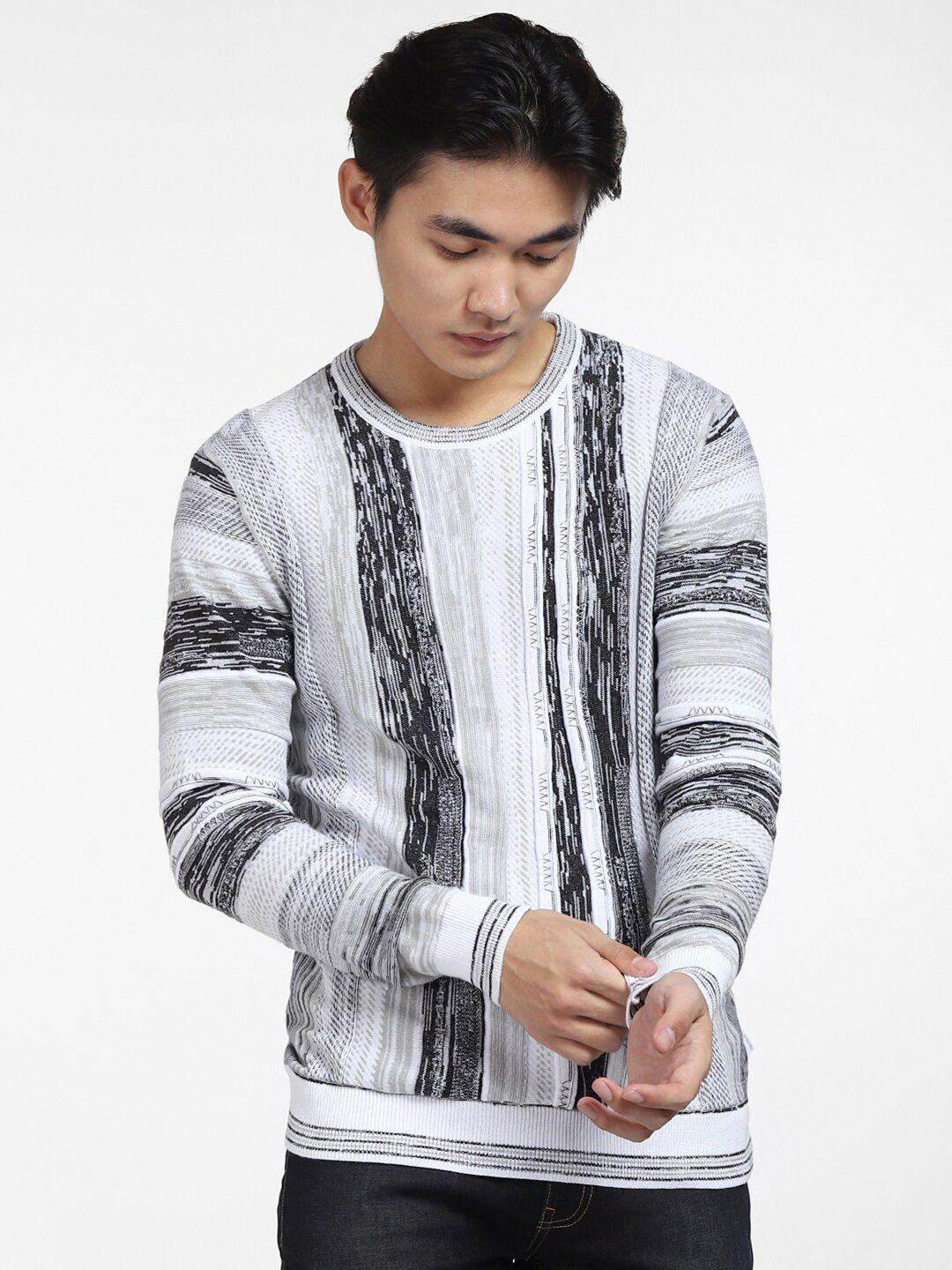 jack & jones men white & black abstract printed pullover cotton sweater
