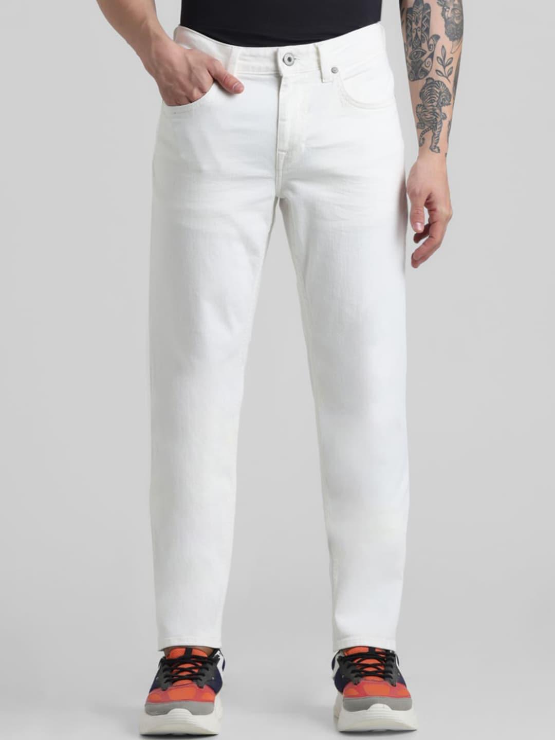 jack & jones men white slim fit low-rise low distress stretchable jeans