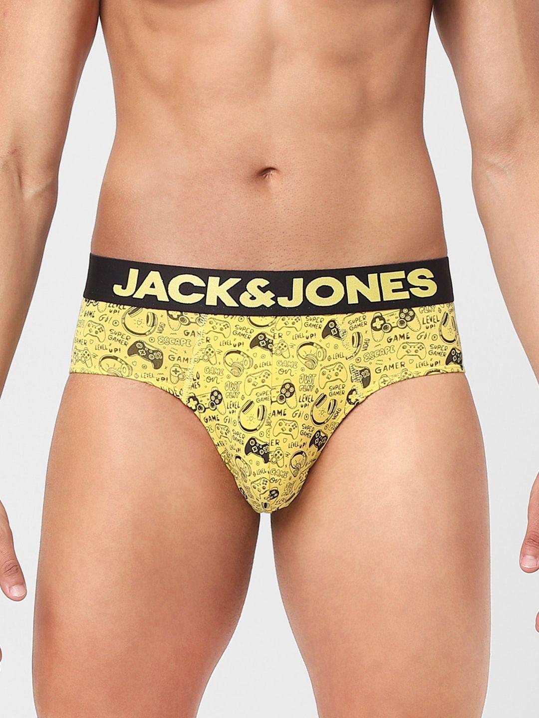 jack & jones men yellow & black printed cotton basic briefs - 120251901