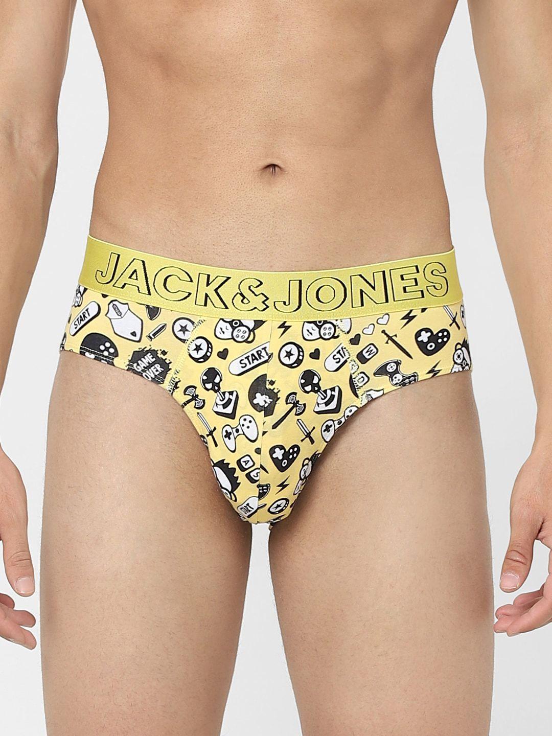 jack & jones men yellow & black printed cotton basic briefs 120251801