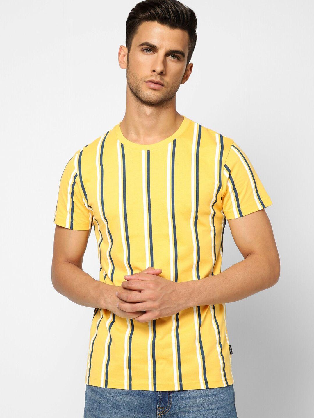 jack & jones men yellow striped cotton slim fit t-shirt