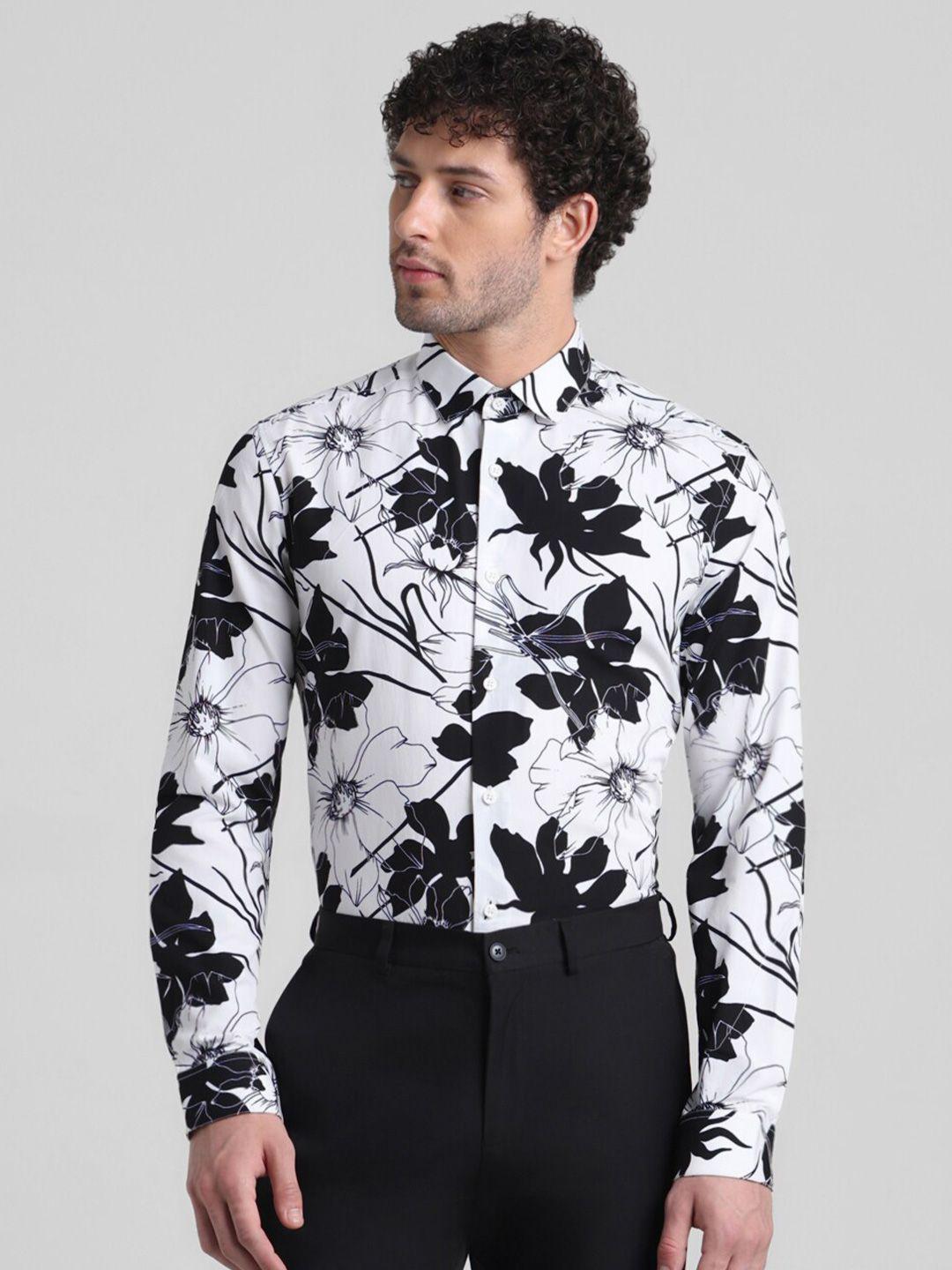 jack & jones slim fit floral printed spread collar long sleeve cotton casual shirt