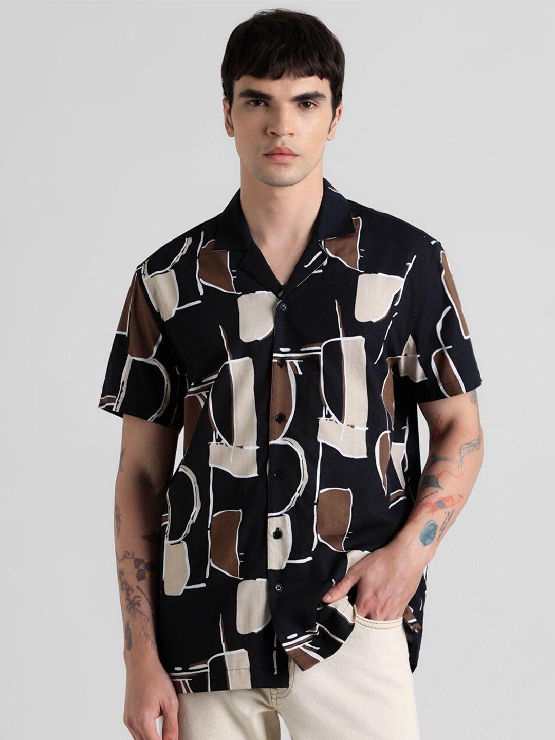 jack & jones abstract print cuban collar cotton casual shirt