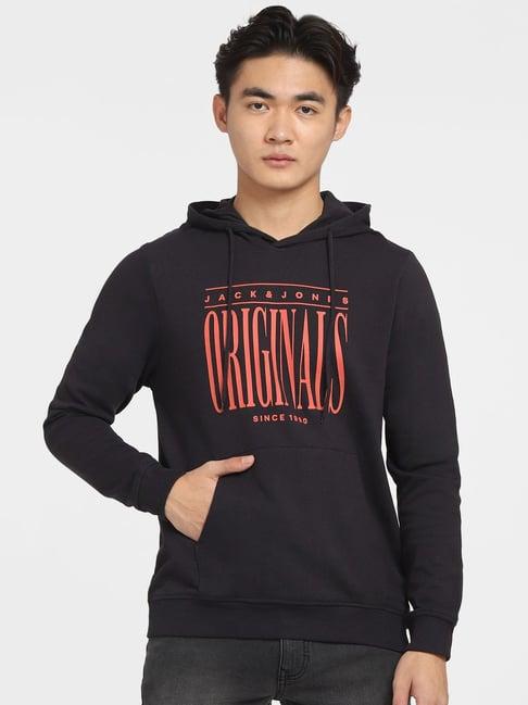 jack & jones black regular fit printed hooded sweatshirt