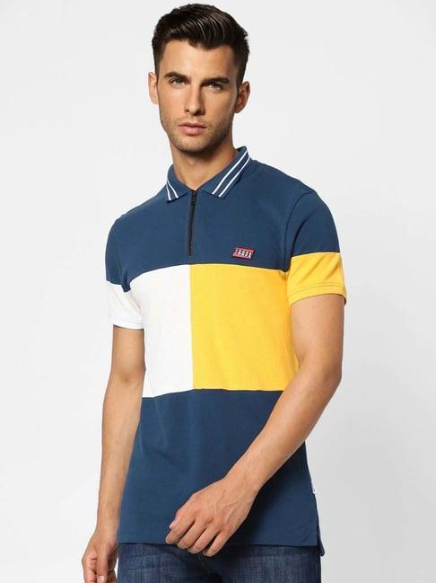 jack & jones blue cotton regular fit colour block polo t-shirt