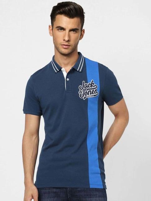 jack & jones blue cotton regular fit printed polo t-shirt