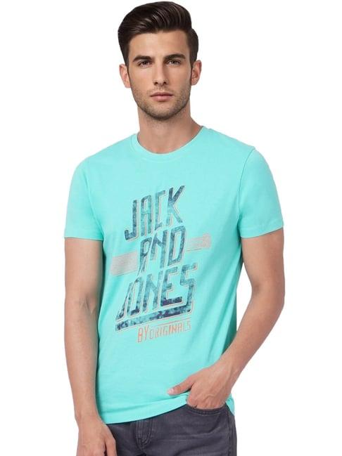 jack & jones blue cotton slim fit printed t-shirt