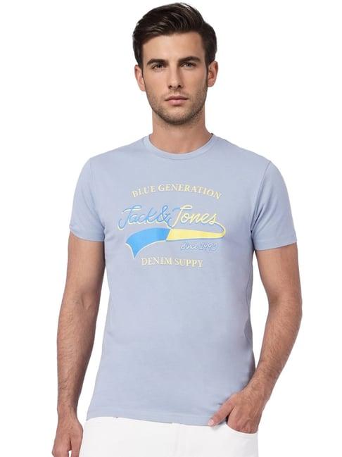 jack & jones blue cotton slim fit printed t-shirt