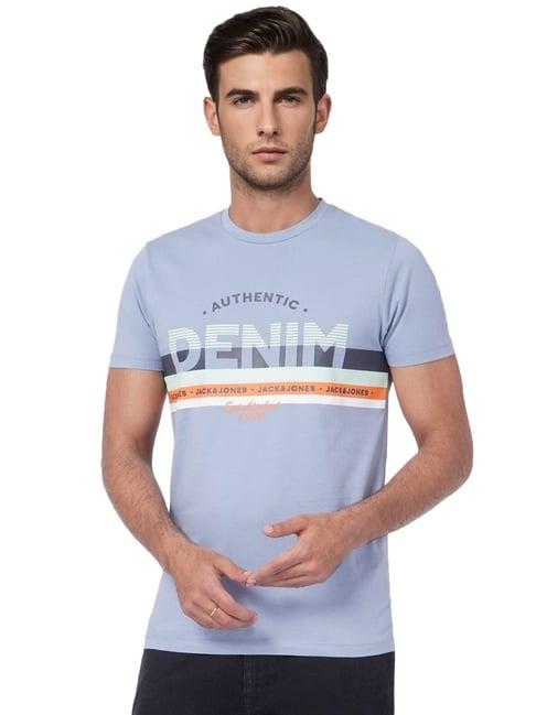 jack & jones blue cotton slim fit printed t-shirt