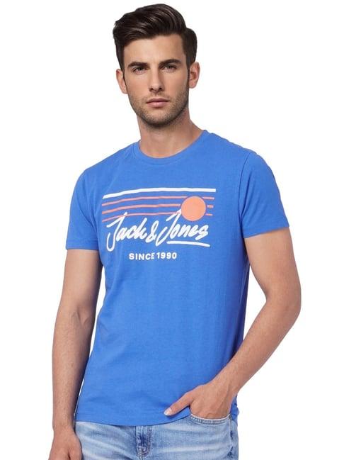 jack & jones blue cotton slim fit printed t-shirt
