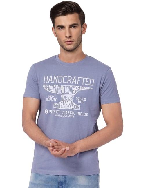 jack & jones blue cotton slim fit printed t-shirt