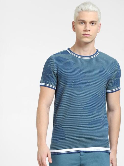 jack & jones blue cotton slim fit striped t-shirt