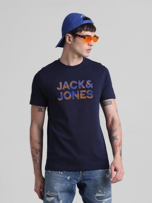 jack & jones blue indigo cotton slim fit printed t-shirt