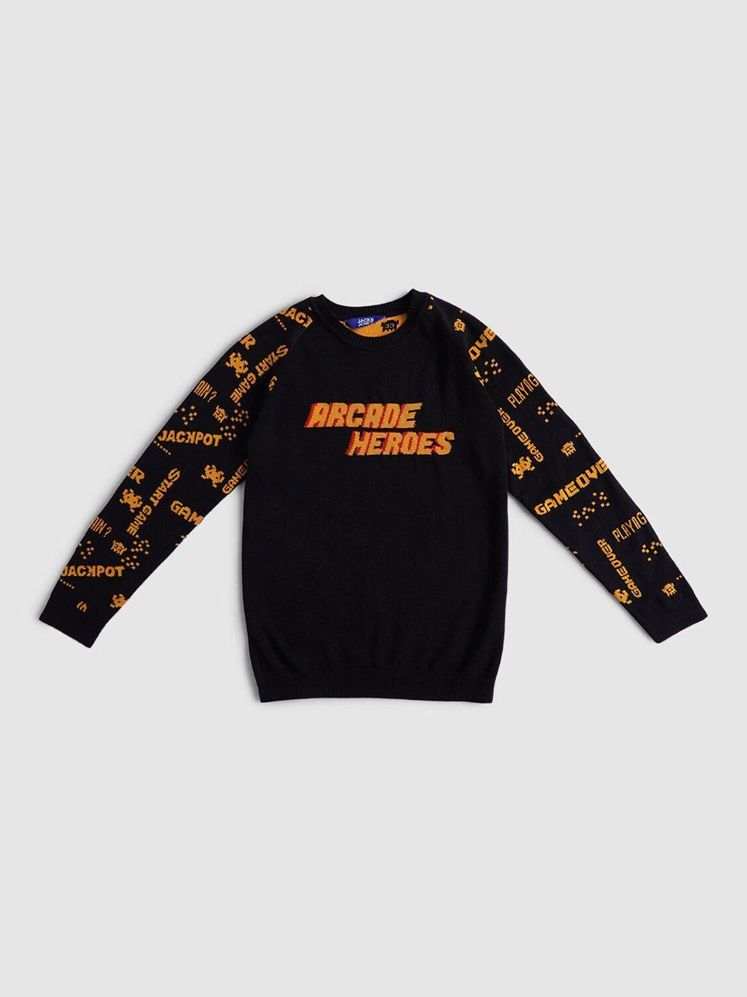 jack & jones boys black & orange typography printed cotton pullover