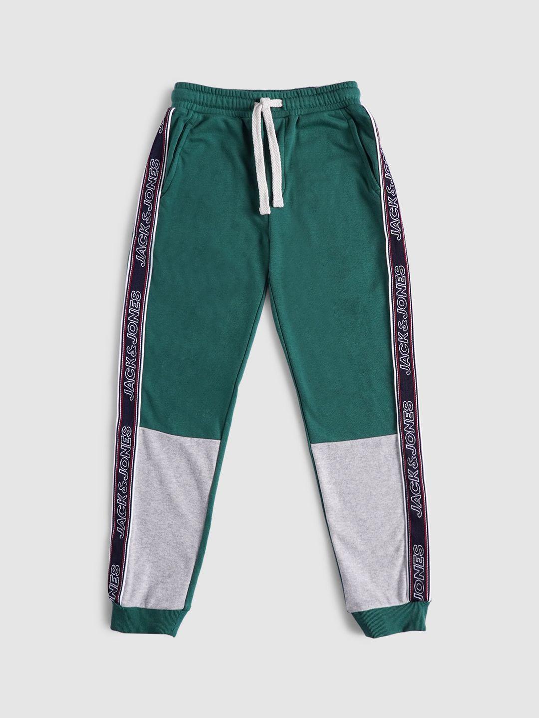 jack & jones boys green & grey colourblocked regular fit cotton joggers