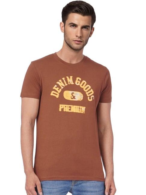 jack & jones brown cotton slim fit printed t-shirt