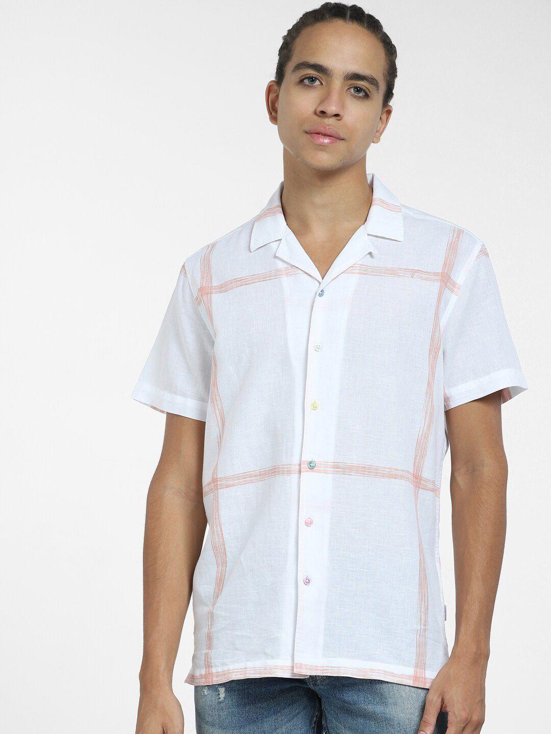 jack & jones checked short sleeves cotton linen casual shirt