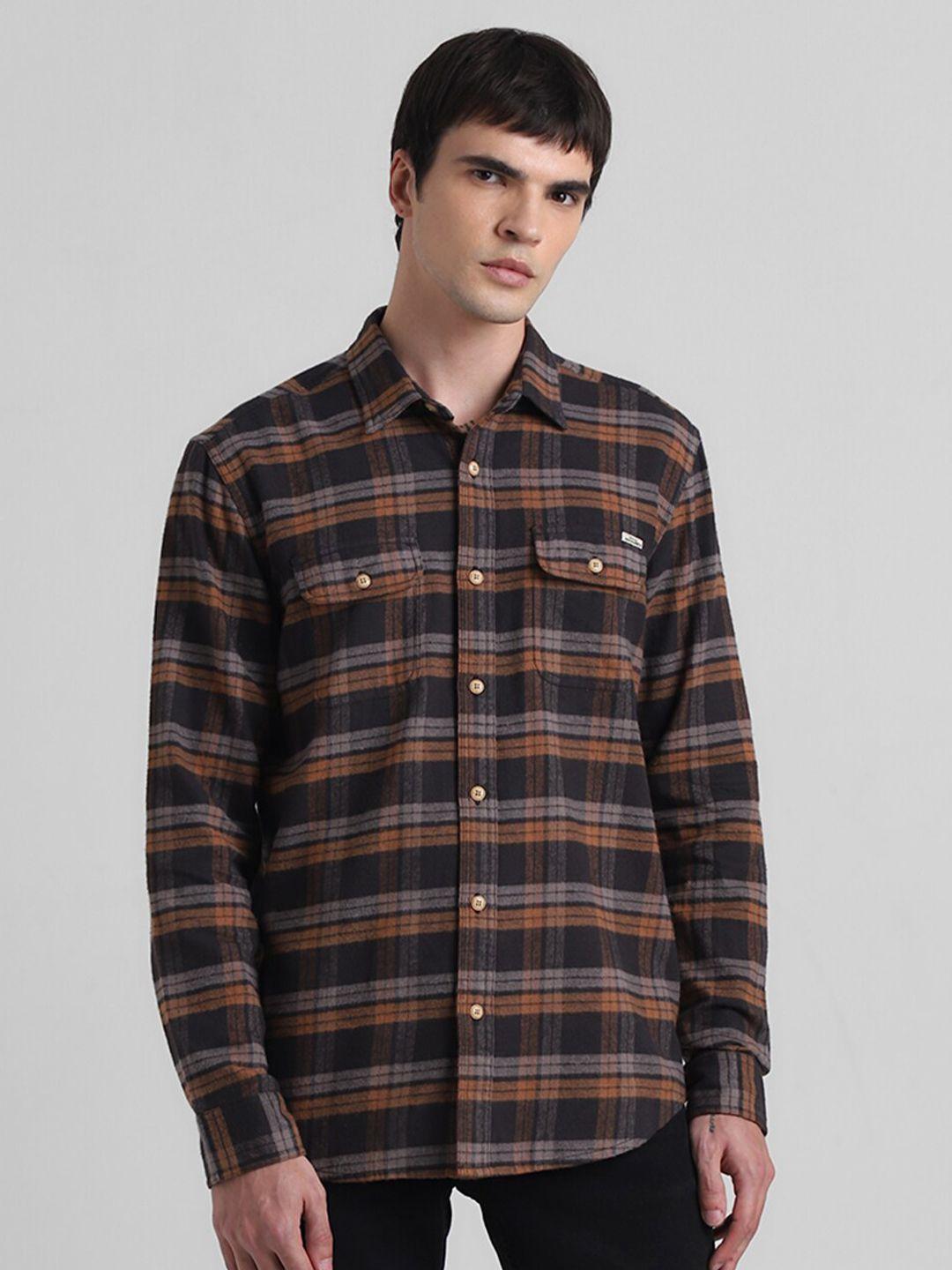 jack & jones checked spread collar long sleeves cotton casual shirt