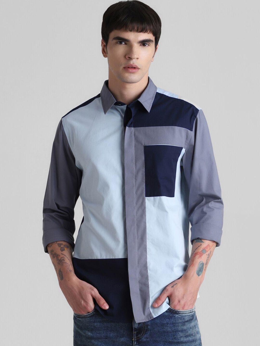 jack & jones colourblocked opaque slim fit pure cotton casual shirt