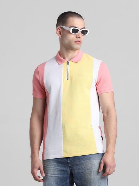 jack & jones flamingo pink cotton regular fit colour block polo t-shirt