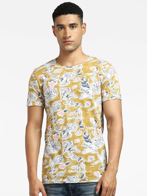 jack & jones golden yellow cotton slim fit printed t-shirt