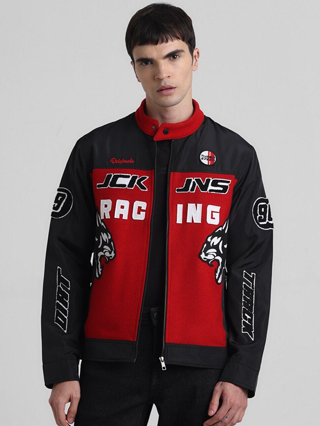 jack & jones graphic printed mock collar biker jacket