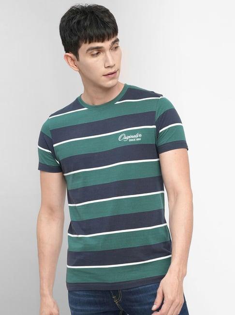 jack & jones green cotton slim fit striped t-shirt