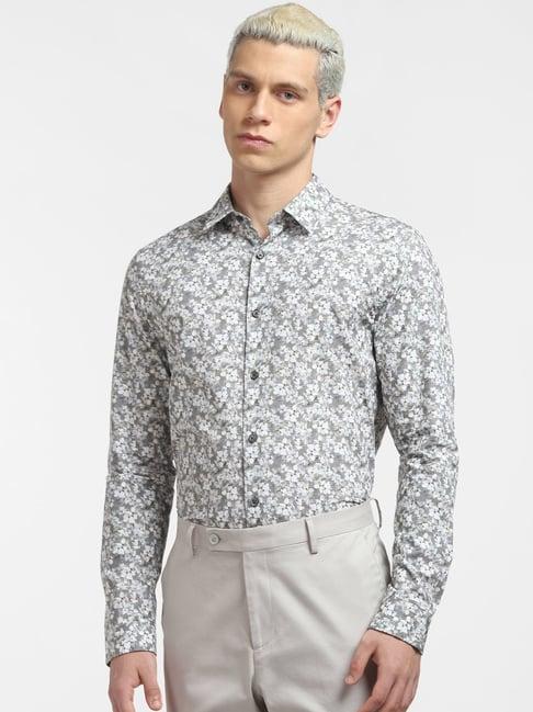 jack & jones grey cotton slim fit floral print shirt