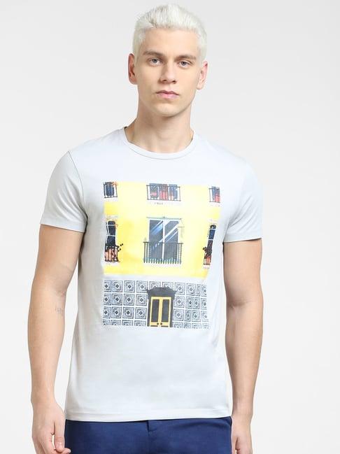 jack & jones grey cotton slim fit printed t-shirt