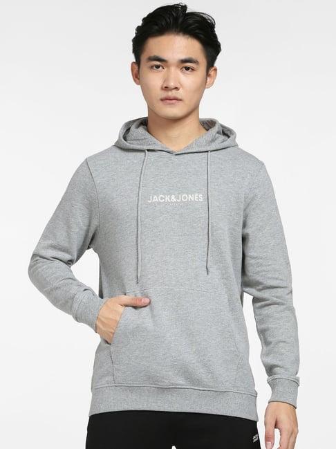 jack & jones grey melange cotton regular fit hooded sweatshirt