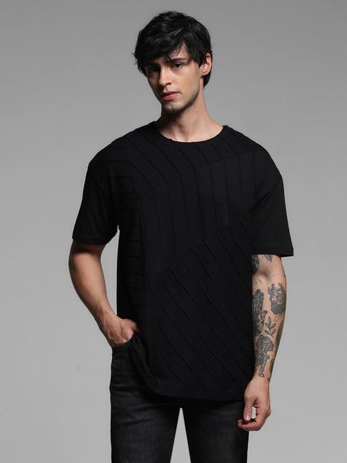 jack & jones jet black cotton drop shoulder/boxy fit cut & sew t-shirt