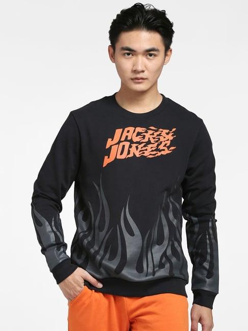 jack & jones jet black cotton regular fit printed sweatshirt