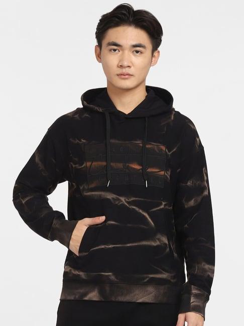 jack & jones jet black cotton regular fit texture hooded sweatshirt