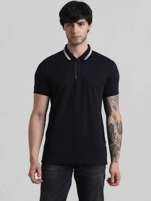 jack & jones jet black cotton slim fit polo t-shirt