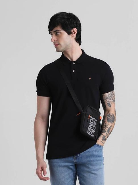 jack & jones jet black cotton slim fit polo t-shirt