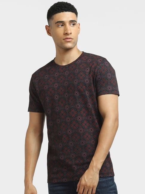 jack & jones jet black cotton slim fit printed t-shirt