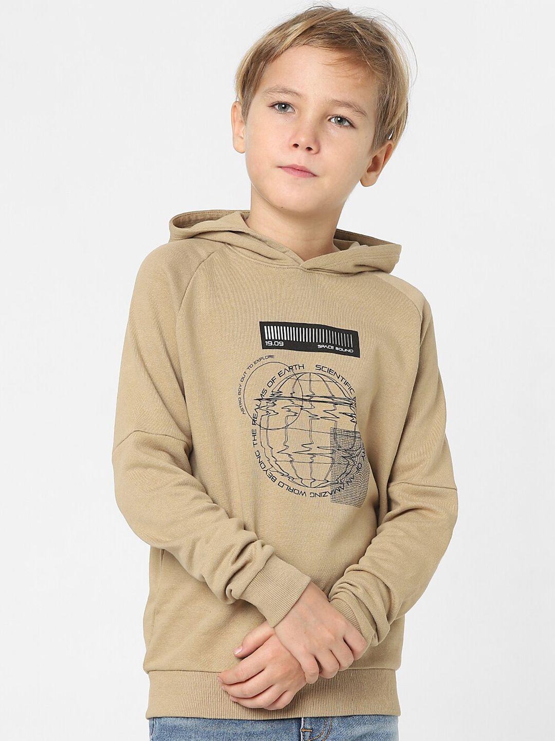 jack & jones junior boys beige printed hooded sweatshirt