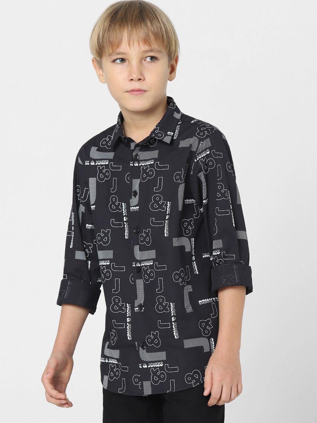 jack & jones junior boys black slim fit printed casual shirt