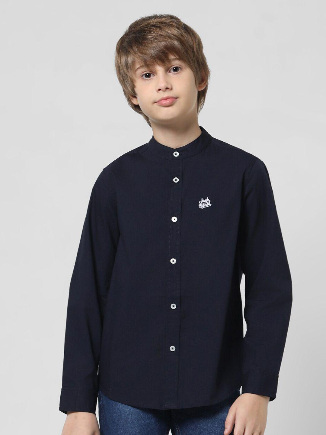 jack & jones junior boys brand logo printed band collar cotton casual shirt