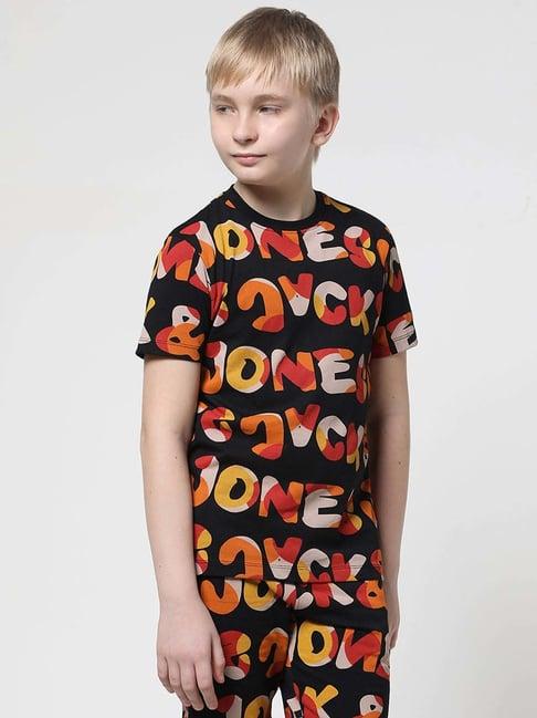 jack & jones junior jet black & orange cotton printed t-shirt
