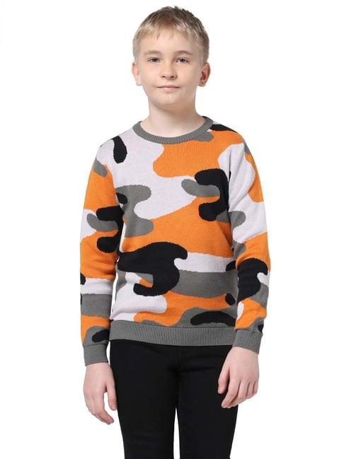 jack & jones junior orange & grey cotton printed full sleeves sweater