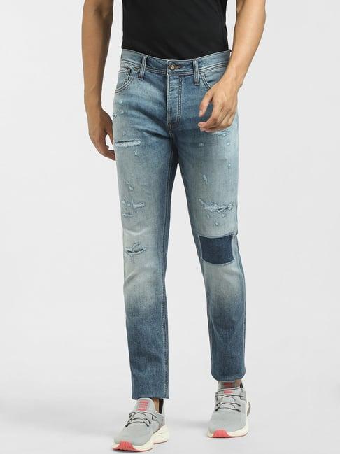 jack & jones light blue denim slim fit distressed jeans