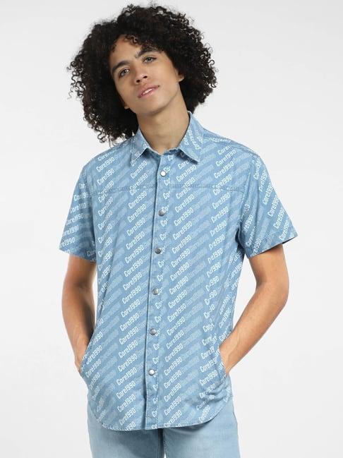 jack & jones light blue regular fit printed cotton shirt